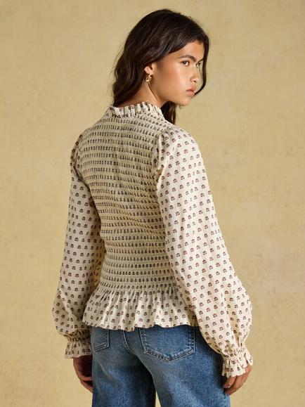 Joules Long Sleeve Shirred Smocked Blouse, Cream - view 2, Cream