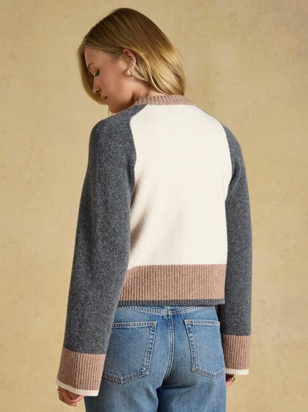 Joules Nora Boxy Colour Block Cardigan, Cream/Tan - view 2, Cream/Tan