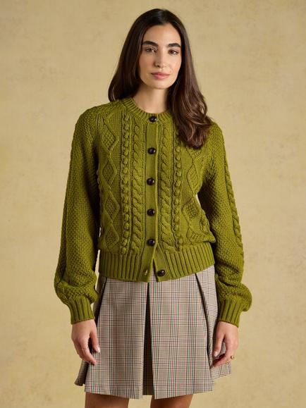 Joules Rafferty Cable Knit Cardigan, Olive Green, Olive Green