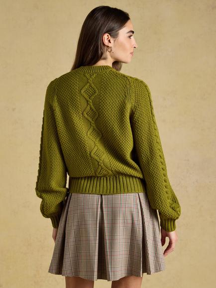 Joules Rafferty Cable Knit Cardigan, Olive Green - view 2, Olive Green