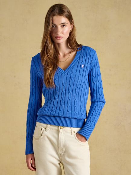 Joules Cotton Cable Knit V-Neck Jumper, Blue, Blue