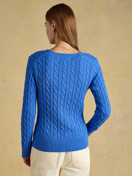 Joules Cotton Cable Knit V-Neck Jumper, Blue - view 2, Blue