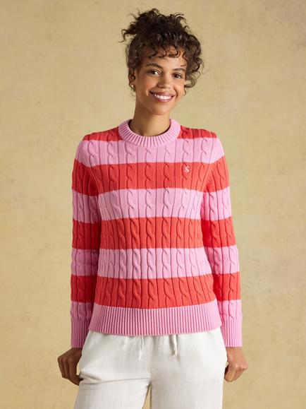 Joules Striped Cable Knit Jumper, Pink, Pink