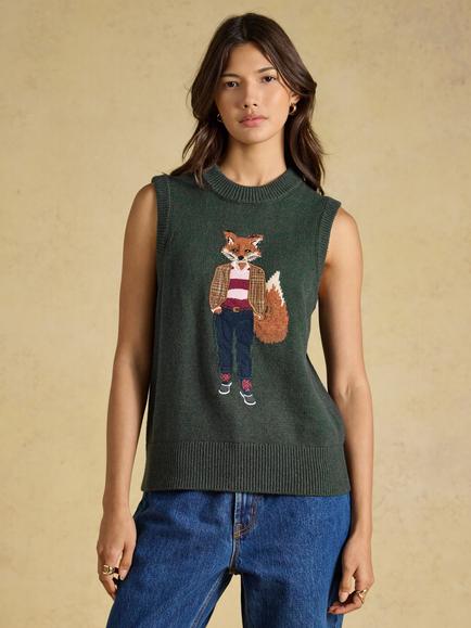 Joules Jonty Fox Knit Sleeveless Jumper, Green, Green