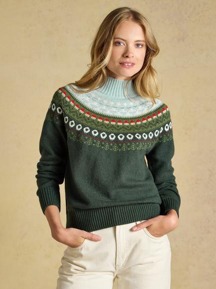 Joules Landscape Fair Isle High Neck Jumper, Green, Green