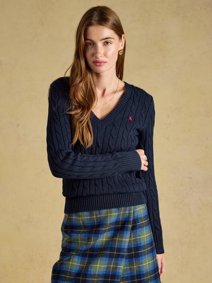 Joules Cable Knit V-Neck Jumper, Navy, Navy