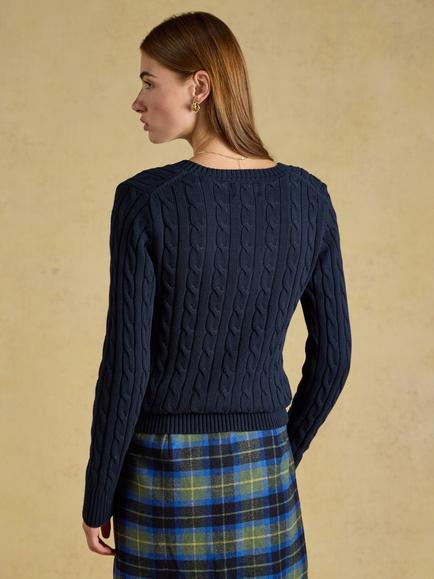 Joules Cable Knit V-Neck Jumper, Navy - view 2, Navy