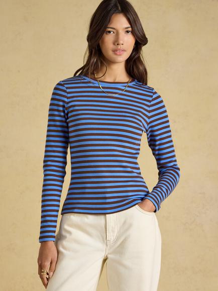 Joules Sophie Cotton Blend Long Sleeve Stripe Top, Blue/Brown, Blue/Brown