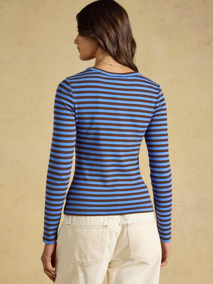 Joules Sophie Cotton Blend Long Sleeve Stripe Top, Blue/Brown - view 2, Blue/Brown