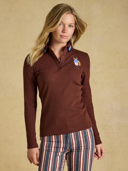 Joules Long Sleeve Polo Shirt, Chocolate Brown, Chocolate Brown