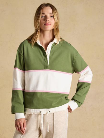 Joules Striped Cotton Rugby Shirt, Green/Ecru, Green/Ecru