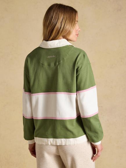 Joules Striped Cotton Rugby Shirt, Green/Ecru - view 2, Green/Ecru