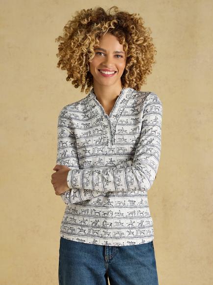 Joules Heidi Horse Frill Neck Jersey Fitted Top, Cream, Cream