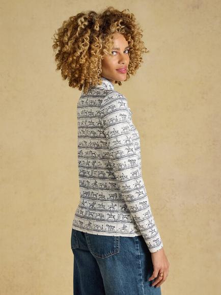 Joules Heidi Horse Frill Neck Jersey Fitted Top, Cream - view 2, Cream