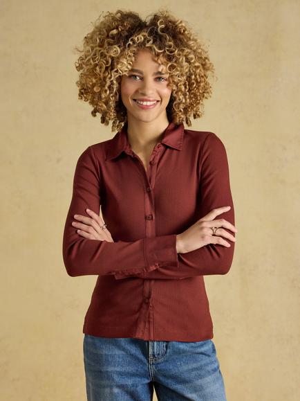 Joules Long Sleeve Ribbed Jersey Shirt, Red, Red