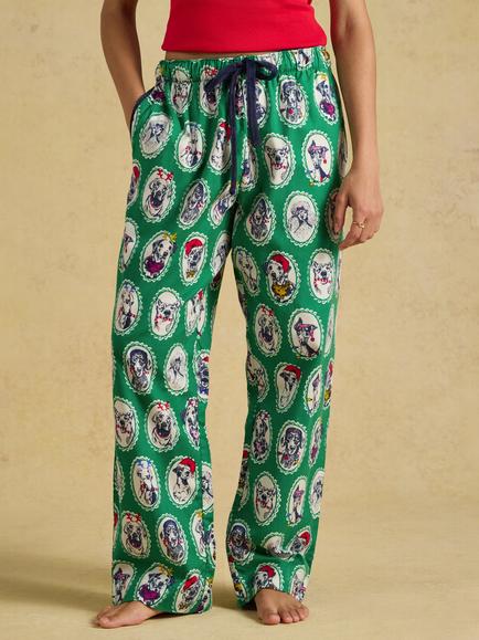 Joules Stella Brushed Cotton Festive Dog Print Long Pyjama Trousers, Green, Green