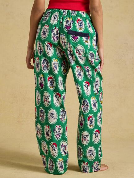 Joules Stella Brushed Cotton Festive Dog Print Long Pyjama Trousers, Green - view 2, Green