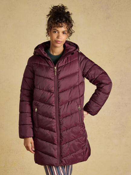 Joules Mid Length Showerproof Padded Hooded Coat, Burgundy Red, Burgundy Red