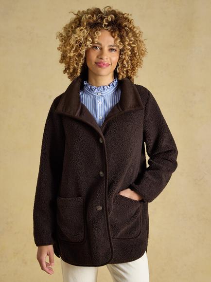 Joules Sadie Fleece Button Front Jacket, Chocolate Brown, Chocolate Brown