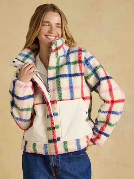 Joules High Neck Borg Check Fleece, Cream, Cream