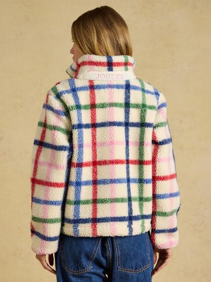 Joules High Neck Borg Check Fleece, Cream - view 2, Cream