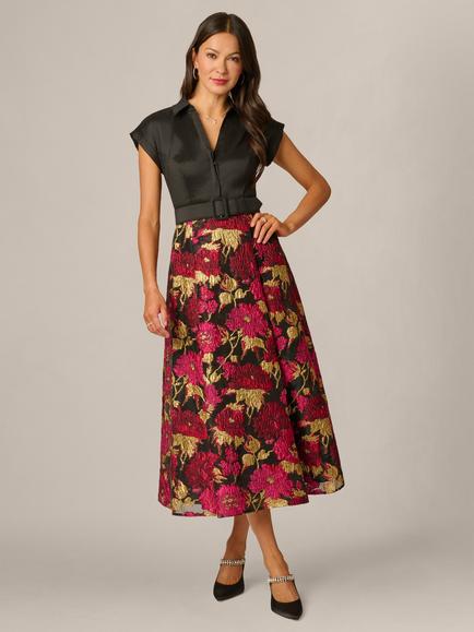 Adrianna Papell Petite Taffeta Jacquard Shirt Dress, Black/Pink Multi, Black/Pink Multi