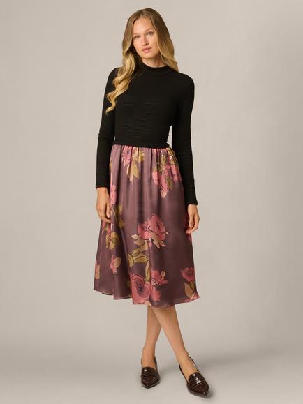 Adrianna Papell Amelia Floral Print Combo Midi Dress, Mocha/Multi, Mocha/Multi
