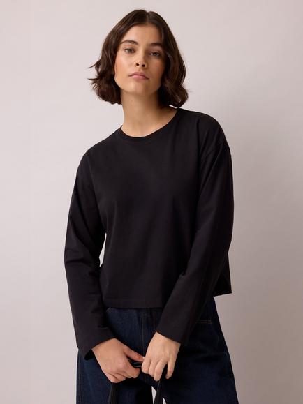 Ro&Zo Cotton Long Sleeve Crew Neck Top, Black, Black