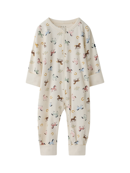Polarn O. Pyret Baby Organic Cotton Horse Sleepsuit, Natural, Natural