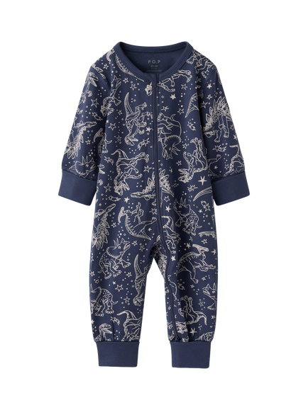 Polarn O. Pyret Baby Organic Cotton Dinosaur Sleepsuit, Blue, Blue