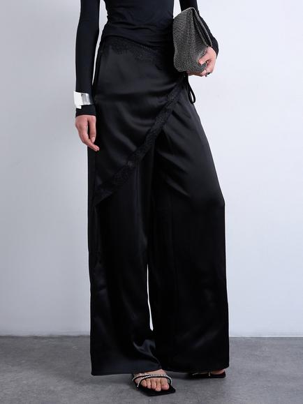 Topshop Satin Mid Rise Wide Leg Trousers, Black, Black