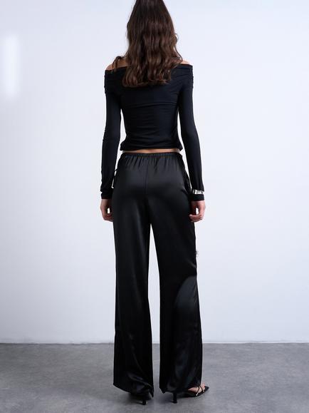 Topshop Satin Mid Rise Wide Leg Trousers, Black - view 2, Black