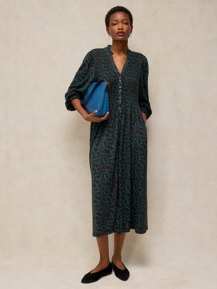 White Stuff Ada Abstract Shirred Dress containing TENCEL™ Modal, Black/Multi, Black/Multi