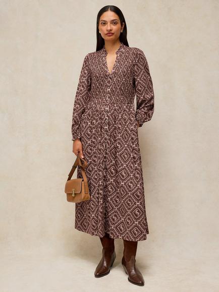 White Stuff Ada Geometric Print Long Sleeve Dress, Brown, Brown