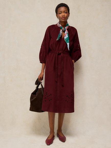 White Stuff Annika Embroidered Corduroy Dress, Dark Red, Dark Red