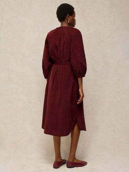 White Stuff Annika Embroidered Corduroy Dress, Dark Red - view 2, Dark Red