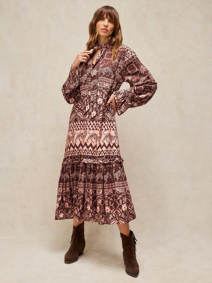 White Stuff Kalia Tiered Tie Neck Midi Dress, Brown/Multi, Brown/Multi