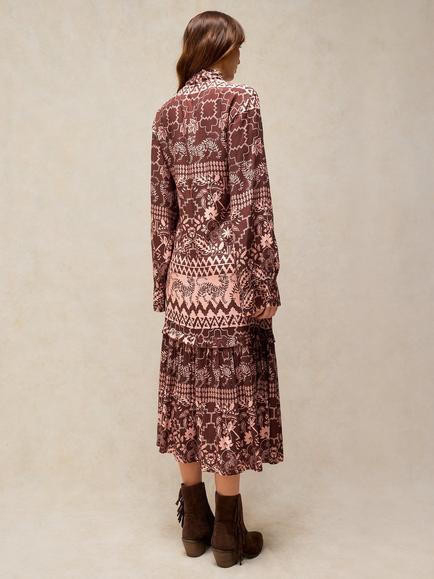 White Stuff Kalia Tiered Tie Neck Midi Dress, Brown/Multi - view 2, Brown/Multi