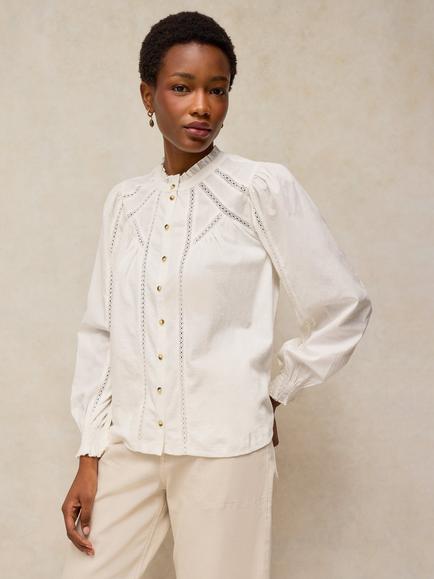 White Stuff Annabelle Cotton Mandarin Collar Blouse, Pale Ivory, Pale Ivory