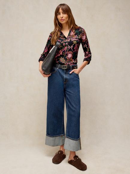 White Stuff Annie Cotton Jersey Floral Shirt, Black/Multi, Black/Multi