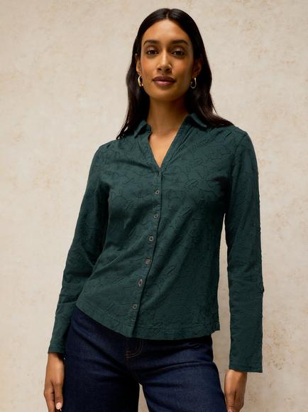 White Stuff Annie Cotton Embroidered Shirt, Dark Green