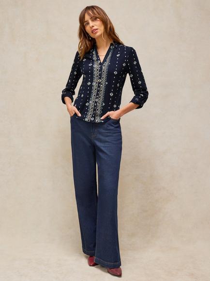 White Stuff Annie Cotton Geometric Shirt, Navy/Multi, Navy/Multi