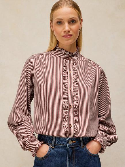 White Stuff Cotton Stripe Frill Trim Shirt, Brown/Multi, Brown/Multi
