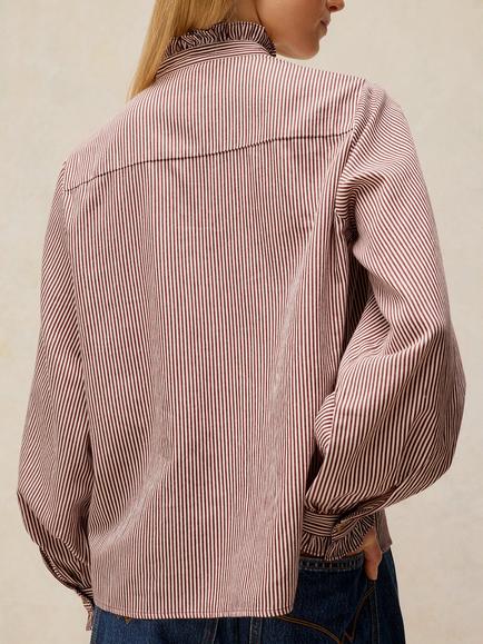 White Stuff Cotton Stripe Frill Trim Shirt, Brown/Multi - view 2, Brown/Multi