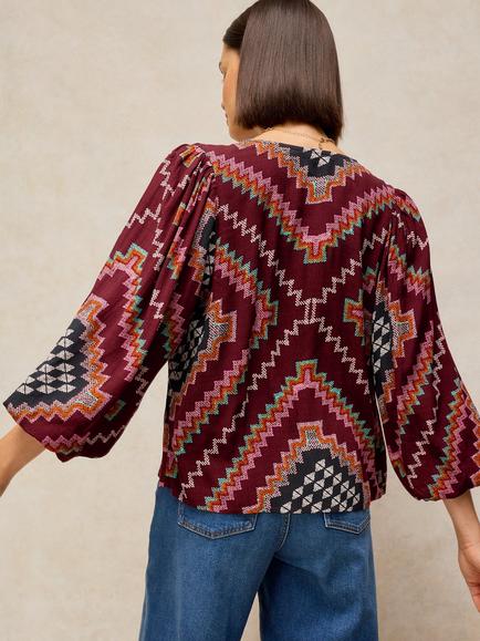 White Stuff Leena Geometric Relaxed Fit Top, Plum/Multi - view 2, Plum/Multi