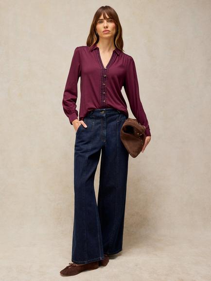 White Stuff Ronley Cotton Blend V-Neck Blouse, Plum, Plum
