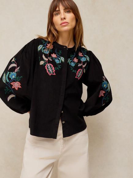 White Stuff Wren Embroidered Floral Cotton Top, Black/Multi, Black/Multi