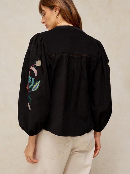 White Stuff Wren Embroidered Floral Cotton Top, Black/Multi - view 2, Black/Multi