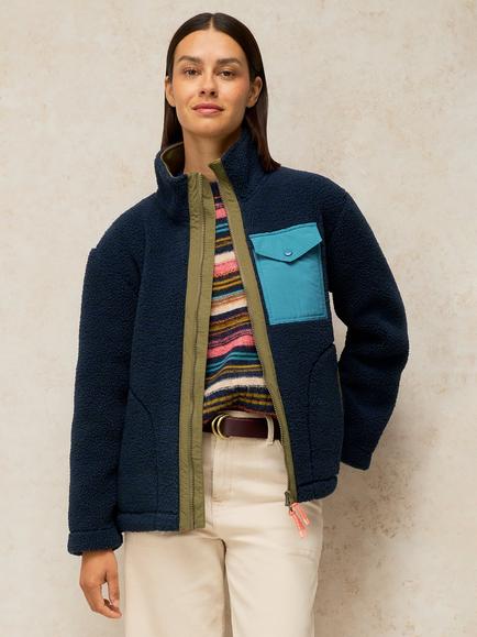White Stuff Borg Funnel Neck Zip Up Jacket, Navy/Multi, Navy/Multi