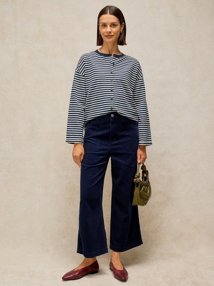 White Stuff Kim Cotton Stripe Button-Up Top, Navy/Multi, Navy/Multi